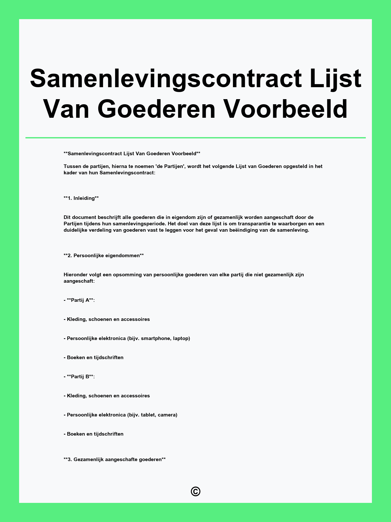 Samenlevingscontract Lijst Van Goederen Voorbeeld