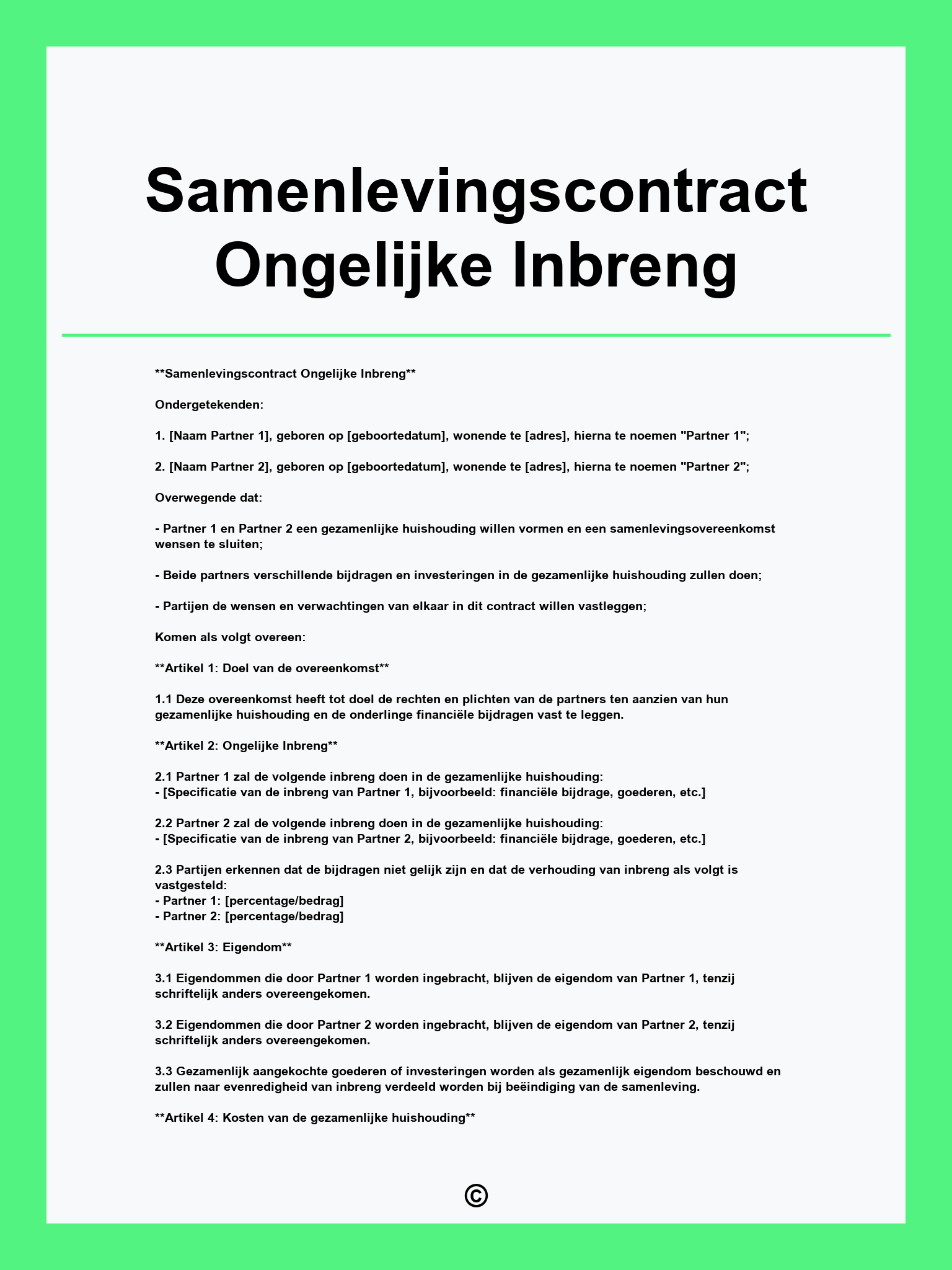 Samenlevingscontract Ongelijke Inbreng