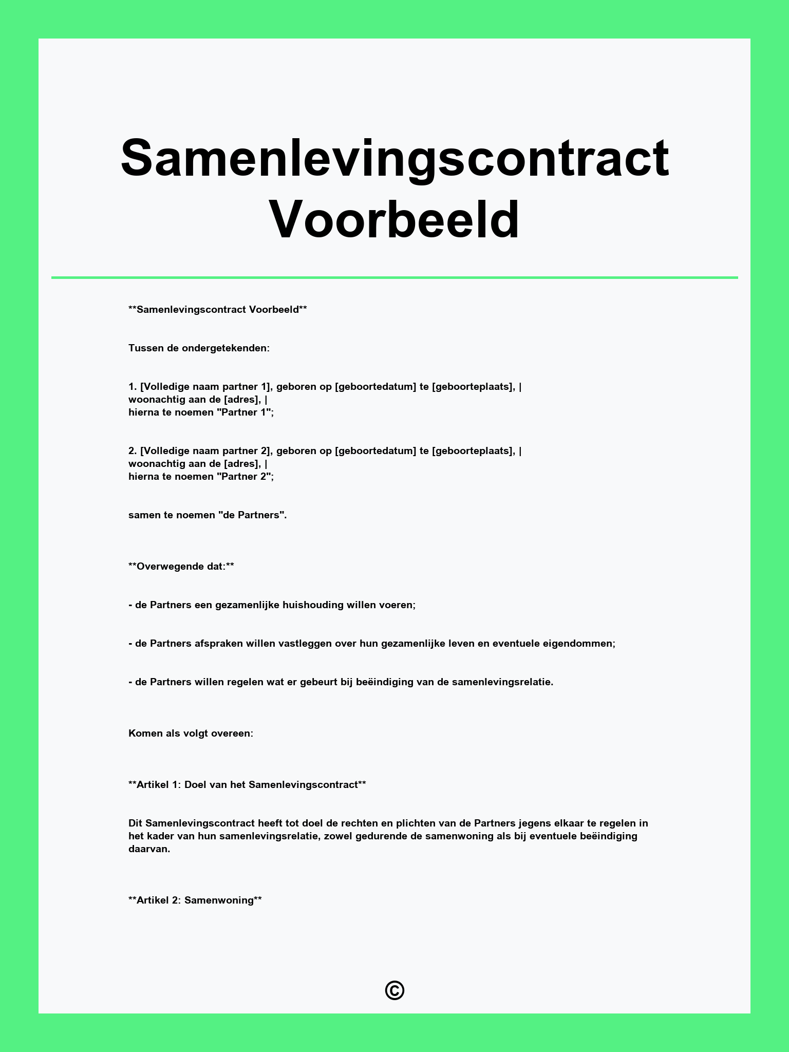Samenlevingscontract Voorbeeld