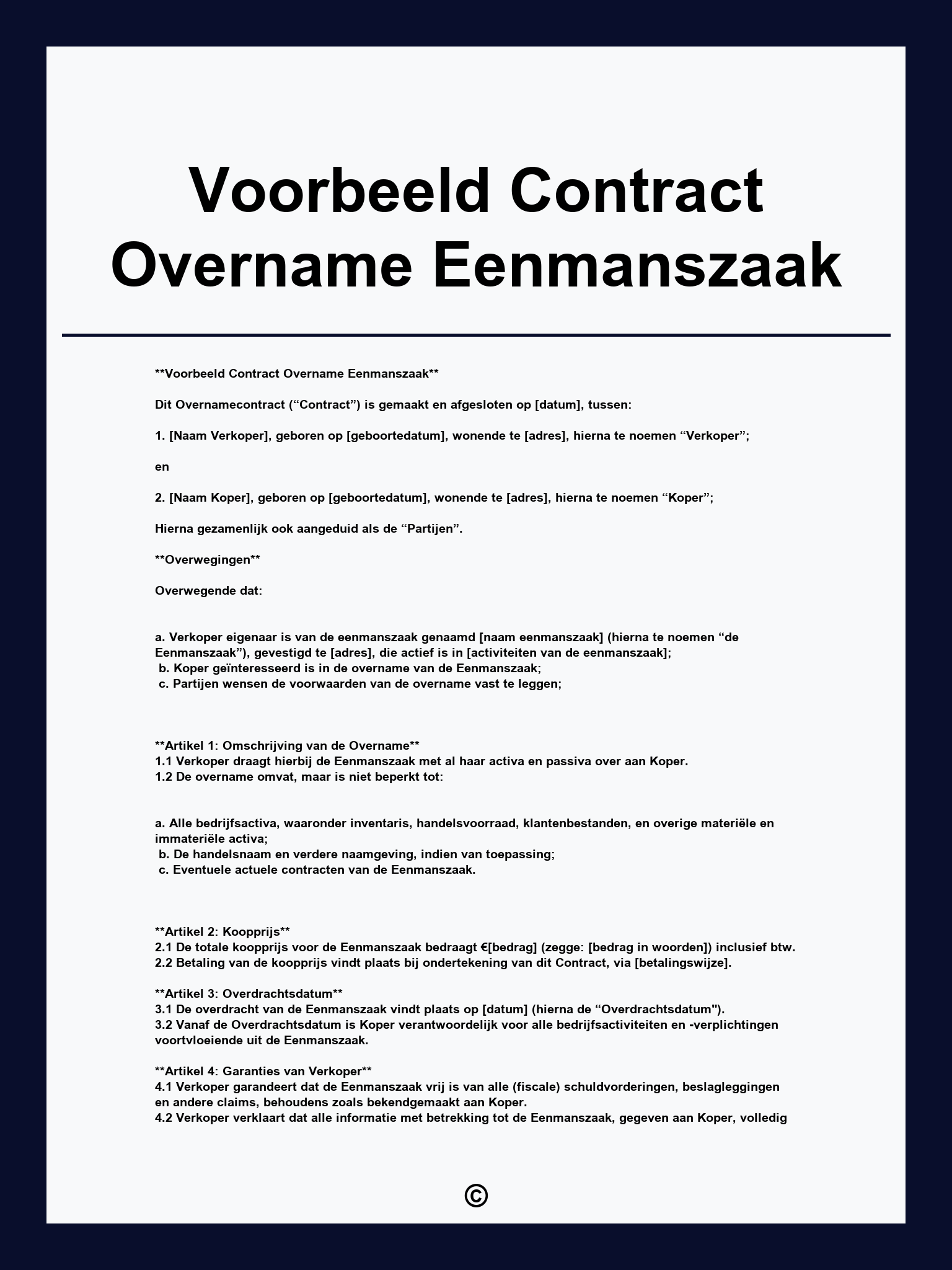 Voorbeeld Contract Overname Eenmanszaak